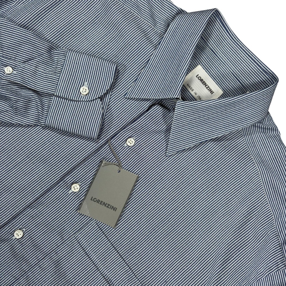 Lorenzini Dress Shirt Mens 15.5 M Blue White Stripe Cotton Italy NWT